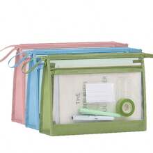 1pc A4 Transparent Mesh Zipper Document Pouch Double Layer Large Capacity File Storage Bag With Handle For School Office Homework, Folders File Organizers Pencil Pouch School Supplies Back To School - Pink - View 9