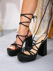Giày sandal cao gót buộc dây màu trơn dành cho nữ, giày cao gót dự tiệc mùa xuân/hè với quai chéo, đế platform. - màu đen - Xem 7