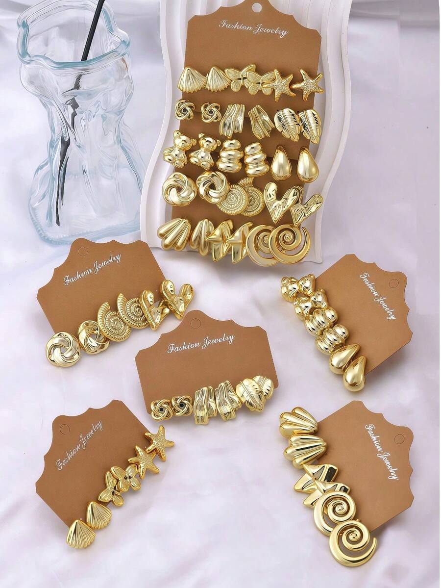 6-30pcs Fashionable Lightweight Starfish, Shell, Butterfly Multi-Element Jewelry Earrings, Suitable For Daily Wear All Year Round