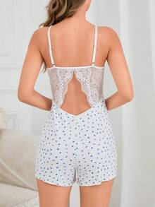 1件装女士碎花性感露背修身无袖蕾丝拼接可调节吊带圆领连体衣套装 - 藍白色 - 查看 2