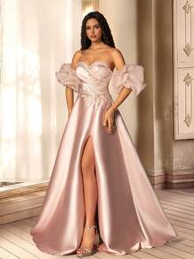 VIPGIRL 玫瑰金缎面泡泡袖显瘦拉长腿高端晚礼服 - 玫瑰金 - 查看 1