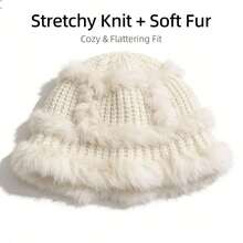 秋冬兔毛针织帽，新款大耳罩保暖帽，宽松加厚保暖渔夫帽，可爱蓬松女士渔夫帽 - 彩色 - 查看 6