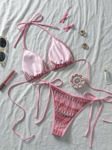 女士独特纹理面料比基尼两件式泳衣，可爱挂脖式露背设计 - 粉色 - 查看 5
