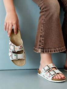 1 Pair Girls' Light Gray & White Cherry Blossom Print Slippers, Faux Suede Soft Cork Flat Slides With Dual Metal Buckle Straps, Non-Slip Soft Sole, Fresh & Sweet Style, Design, Ideal Summer Outing & Holiday Gift, High Praise Children Sandals - 灰色 - 查看 8