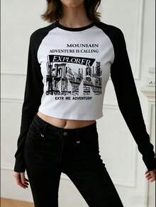 女士春季新款短款修身撞色圆领字母印花简约百搭长袖T恤 - 黑與白 - 查看 3