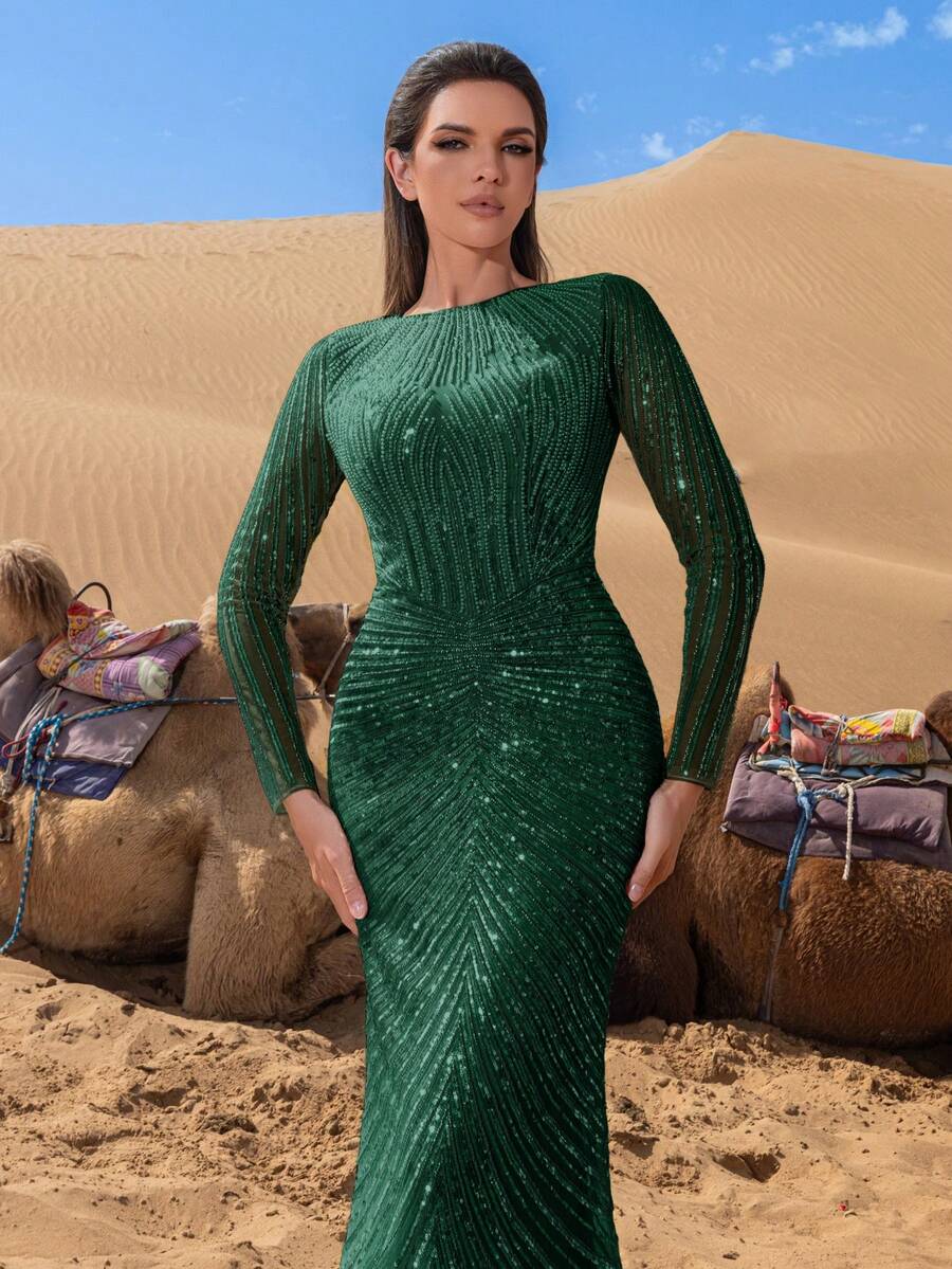 Faeriesty 女士优雅闪亮串珠长袖美人鱼长裙，采用透视领口设计，饰以精致亮片刺绣，修身喇叭裙摆，适合正式婚礼、红毯晚宴、晚宴、黑领结活动等场合。 - 墨綠色 - 查看 1