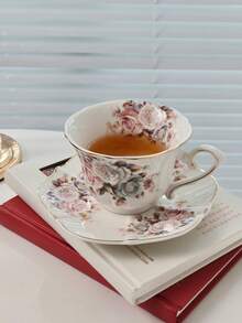 1 Set Cup + Saucer, Luxury European Style Gold Rimmed Rose Flower Coffee Cup, Elegant Afternoon Tea Set, High-End Cappuccino Latte Art Cup & Saucer, Dessert Plate, Suitable For Restaurant, Living Room, Cafe - Multicolor - View 6