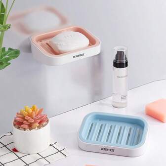 2pcs Dual-Color Soap Dish, Strong Adhesive No Drilling Soap Holder With Drainage Dual-Layer Shelf, Suitable For Shower, Bathroom, Bathtub And Kitchen Sink, Detachable, Countertop Use