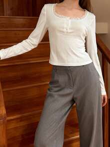 Women's Long Sleeve Blouse Casual Slim Fit Stylish Lace Trim Solid Color Button Crew Neck Tops For Fall And Spring - White - View 2
