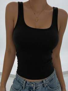 Women's Summer Solid Square Neck Ribbed Casual Versatile Black Tank Top - Black - View 2