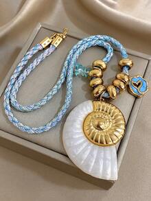 1Pc Gold Plated Seashell Necklace With Blue And Gold Bead Chain, Cute Heart And Shell Charm Pendant, Perfect Jewelry For Beach Party, Vacation, And Everyday Wear,Unisex,Valentine's Day Gift - Multicolor - View 8