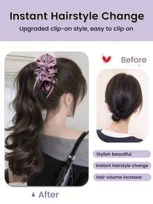 18Inch Banana Clip Long Curly Wavy Ponytail Synthetic Clip In Hairtail Extension Fluffy Black Ponytail Wig With Pink Purple Flower Hair Accessories - Multicolor - View 6