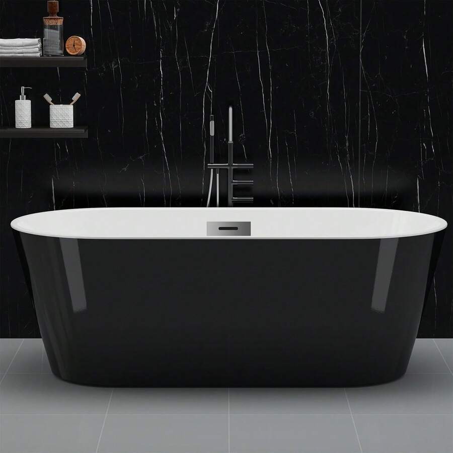 Freestanding Bathtub 67 Inch Black And White Acrylic Soaking Tub With Chrome Drain And Overflow, Deep Home Spa Bath For Bathroom Remodel And Comfortable Soaking, Black - 黑色-1 - 查看 1