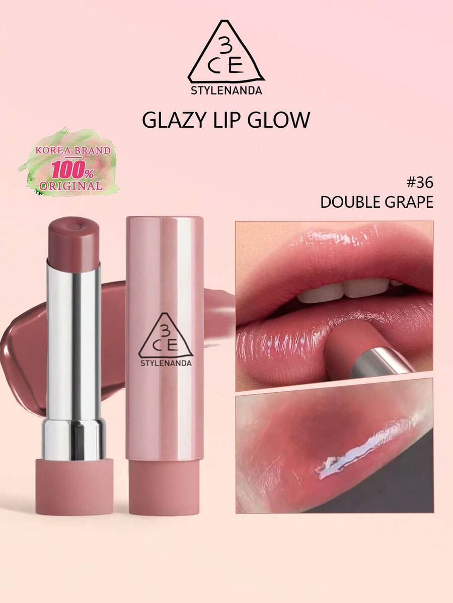 3CE Glazy Lip Glow 36 Double G SN，保湿亮泽唇彩，水润亮泽配方，不粘腻，打造玻璃般水润唇妆效果，日常唇部护理，韩妆必备，3.2克/0.11盎司，K-Beauty