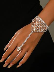 1pc Fashionable Versatile Rhinestone Finger Chain Bracelet, Suitable For Women's Wedding, Party, And Daily Wear - Gold - View 17