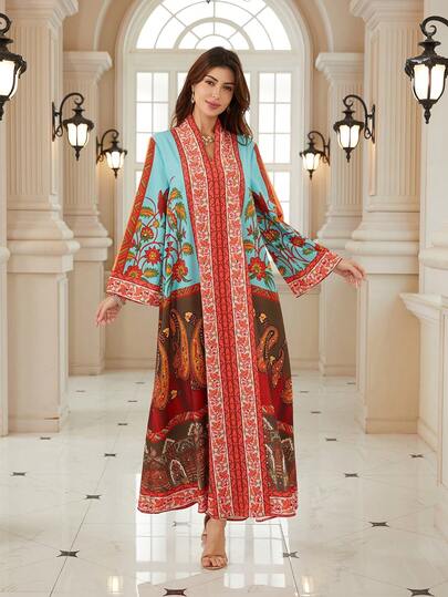 Elegant Women's Notched Neck Long Sleeve Bohemian Print Dress, Made Of Soft Fabric, Showcasing A Vibrant Bohemian Style