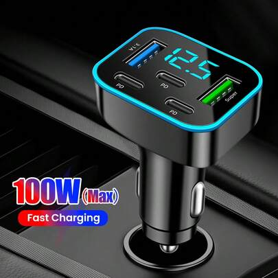 Black Matching Style Second Phase Cell Phones Car Charger 2U+3C 5-Port Digital Display Car Charger Valentine's Day Gift