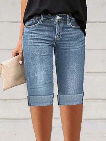 Vintage Casual Stretchy Cuffed Denim Shorts For Women, Summer
