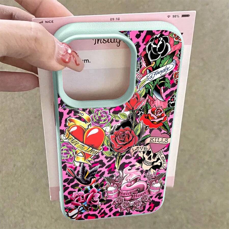 1pcs Pink Leopard Tattoo Roses Skull Heart Phone Case Suitable For Apple Phone 11 12 13 Pro Xs Max XS X 14 15 16 Plus 17ProMax Silicone Shock Proof Vintage Funky Cute Fashion Can Be Given To Friends You Can Give It To Yourself - 薄荷綠 - 查看 1