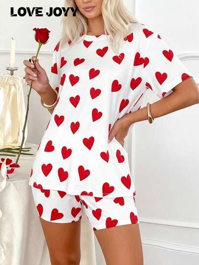 LOVE JOYY Valentine's Day Heart Print Short Sleeve Shorts Pajama Set - Sweet & Comfortable Loungewear, Heart Pattern Sleepwear Set, Casual Heart Pattern Outfit