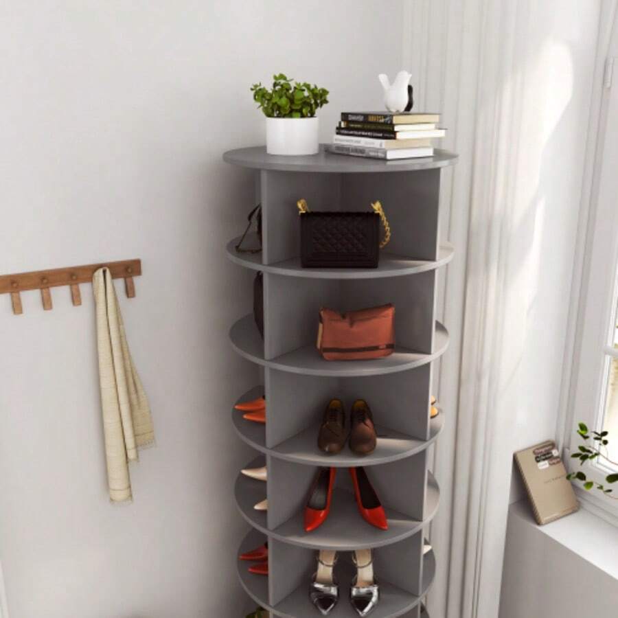 360° Grey Rotating Shoe Cabinet, 7 Shelves, Holds Up To 28 Shoes - Grey - View 1