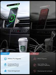 15W磁吸式无线车载充电器支架 - 兼容 17/16/15-11 Pro Max/Mini及所有支持Qi无线充电的手机，支持USB-C快充，360°旋转支架