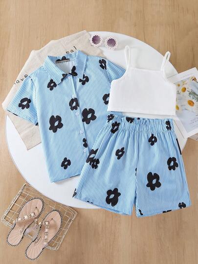 3pcs/Set Girls Outdoor Casual Sweet Floral Striped Collared Short Sleeve Shirt, White Camisole, Loose Floral Print Shorts, Summer
