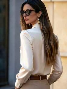 Women's Elegant Ruffle Bow Tie Long Sleeve Shirt - Solid Color, Long Sleeve, Front Button Design, Suitable For Commuting And Casual Wear, Casual Shirt | Elegant Blouse | Ruffle Bow Tie Detail, Solid Color Pleated Ruffle/Ruffle Pocket, Suitable For Office Wear - Champagne - View 3