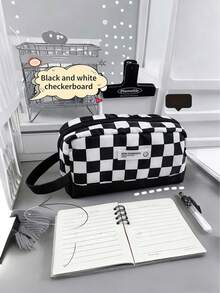 1个经典黑白棋盘格图案铅笔盒，大容量学生文具收纳袋 - 彩色 - 查看 5