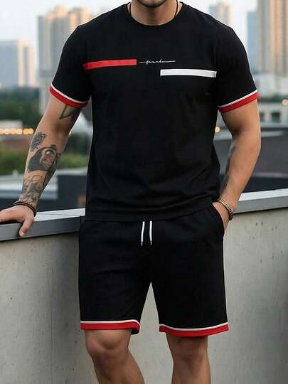 Conjunto de camiseta de manga corta y pantalones cortos estampados para hombre, minimalista y con estilo, adecuado para el verano