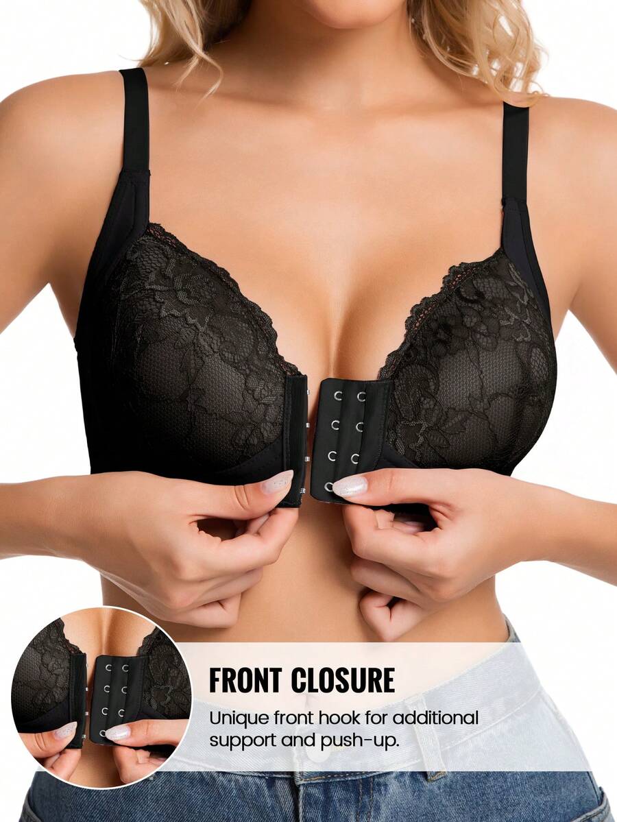 1pc Women's Front Closure Sexy Lace Wireless Adjustable Strap Leisure Backless Bra - Black - View 1