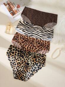 4条装 - 女士豹纹无缝内裤，波浪边饰，优雅时尚内衣 - 彩色 - 查看 4