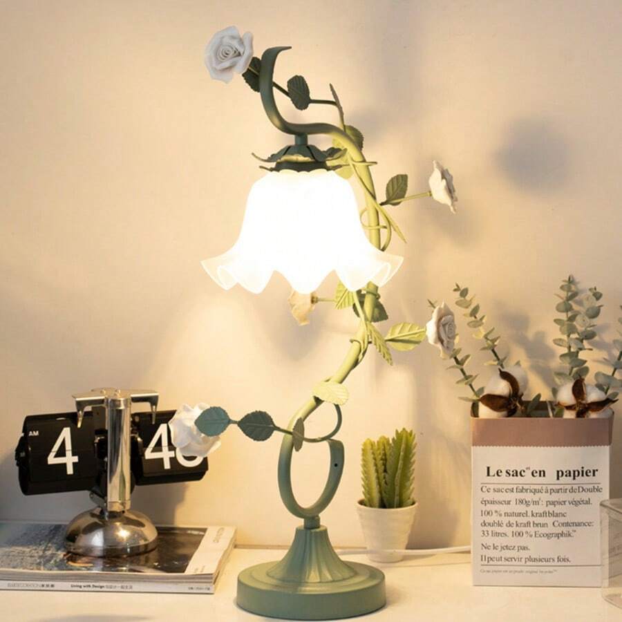 Elegant Floral Table Lamp With Glass Shade - Bedside Nightstand Lamp For Small Desk Bedroom Living Room - 1包 - 查看 1