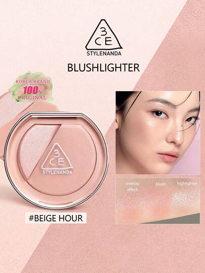 3CE Blushlighter Highlighter & Blush Duo Palette BEIGE HOUR, Multifunktionell ansiktsmakeuppalett, Mjuk strålande finish, Byggbara lysande färger, Naturligt glödande look, Kompakt och tunn förpackning, Olika nyanser tillgängliga, 4,3 g/0,15 oz. Koreansk kosmetika | K-Beauty