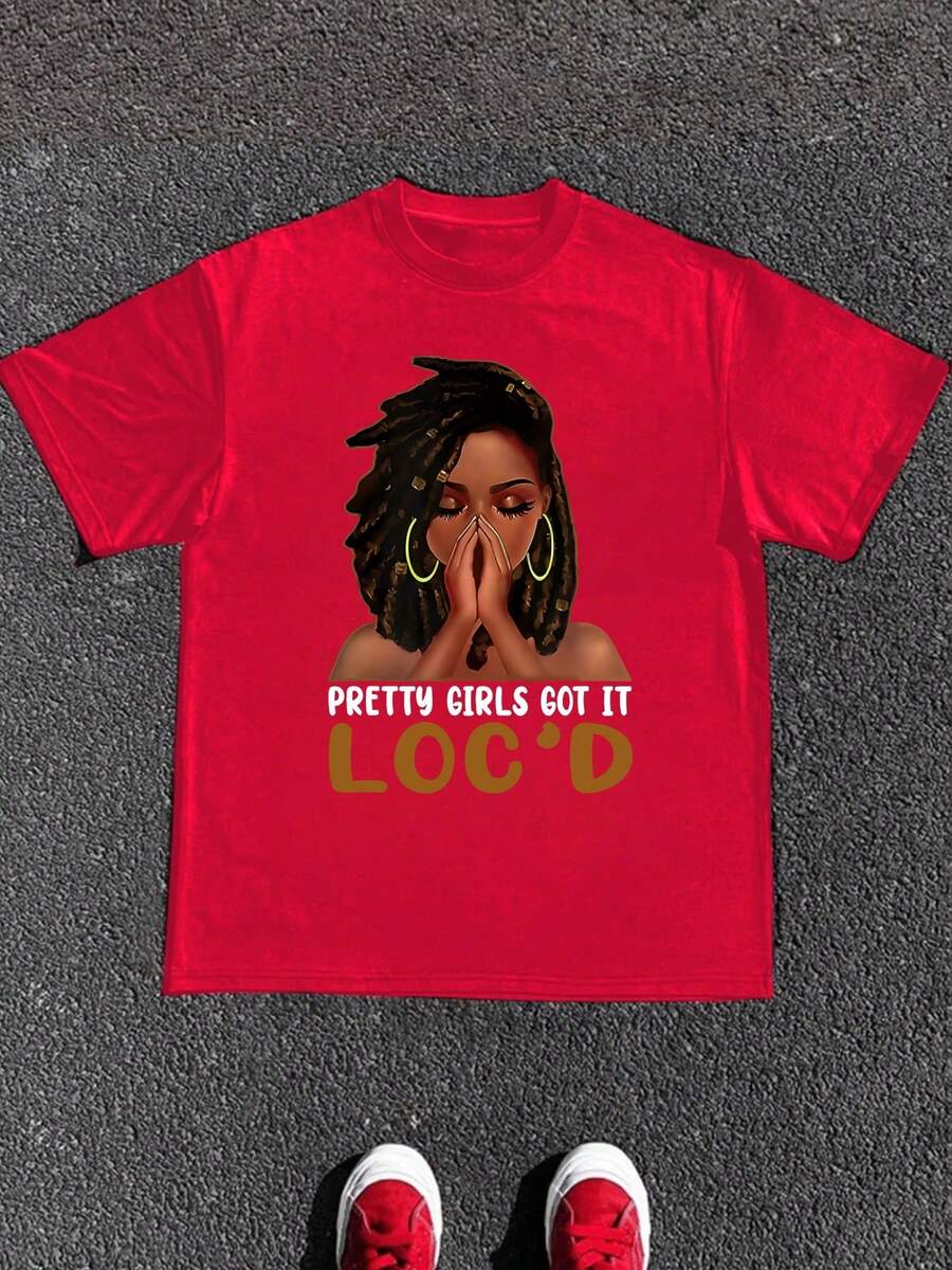 Black Hair Culture T-Shirt, "Pretty Girls Got It Loc'd" Graphic Tee, Afrocentric Fashion Tee,Casual Print,Comfortable And Versatile,Letter Pattern Pure Cotton 220g Printed T-Shirt - 紅色 - 查看 1