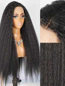 卷曲直发假发，真人发，360°蕾丝前额假发，预先拔毛，带婴儿发，150%密度，Yaki直发，360°透明蕾丝前额无胶假发，真人发假发，适合