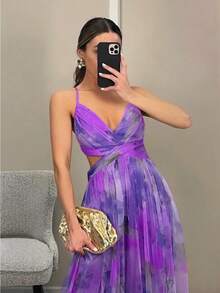 2026 Spring And Summer New Mesh Printing Suspender Dress High Fashion Elegant Party Vacation Casual Party Dress - 紫色 - 查看 3