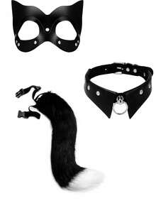 Punk Cat Costume Set, Includes Eye Mask, Heart Collar And Faux Leather Gloves - Suitable For Halloween Parties, Goth Dances And More - Black - View 15