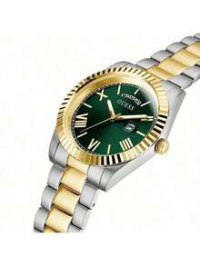 Guess ساعة رجالية - ساعة يد كلاسيكية أنيقة للرجال بعرض التاريخ/اليوم، قرص أسود دائري، سوار من الفولاذ المقاوم للصدأ بلون فضي-ذهبي، مناسبة للارتداء اليومي في العمل، هدية عيد ميلاد للرجال. GW0265G8