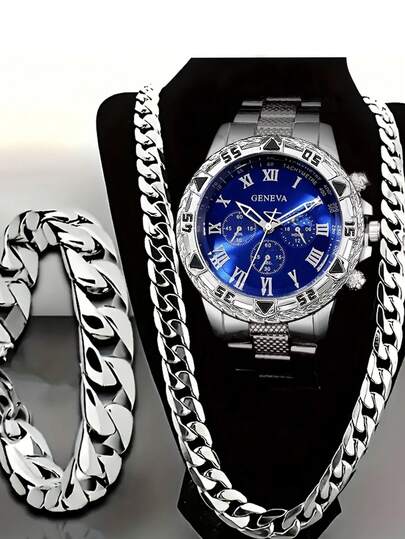 Set de 3 relojes de cuarzo minimalistas para hombres de negocios, con accesorios de plata y correa de metal plateado. Este set de accesorios incluye un reloj cronógrafo multifunción, una pulsera de cadena plateada y un collar de cadena larga, con tonos azules predominantes, esfera con números romanos y detalles decorativos de cadena.