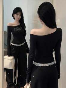美式蕾丝字母拼接露肩长袖T恤，女士秋冬修身显瘦打底衫，黑色春季款 - 黑色 - 查看 2