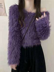 柔软舒适的紫色露肩套头毛衣，宽松针织长袖上衣，秋冬 - 紫色 - 查看 2