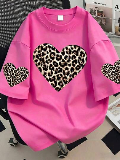 Camiseta de cuello redondo con estampado de corazón y estampado de leopardo, adecuada para verano, regalo de Año Nuevo, regalo de San Valentín, talla grande