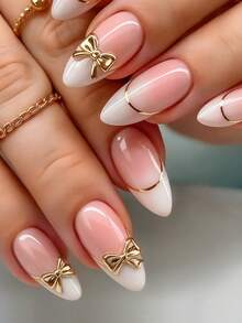 24 Móng Giả Ngắn Hình Hạnh Nhân Màu Trắng Kiểu Pháp Viền Vàng Nơ Vàng Đầu Nhọn Nghệ Thuật Móng Tay Dễ Thương Hợp Kim Mạ Chrome Móng Giả Acrylic Dán Gel Làm Móng Nghệ Thuật Bộ Dụng Cụ Làm Móng Nghệ Thuật (Kèm: Một Miếng Gel Thạch và Giũa) Thích Hợp Cho Móng Tay Hàng Ngày Của Phụ Nữ Khi Hẹn Hò Dự Tiệc - Nhiều màu - Xem 1