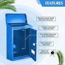 Caja de donaciones metálica con llave Buzón con cerradura Caja de sugerencias Urna segura montada en pared con ranura - Azul - Ver 3