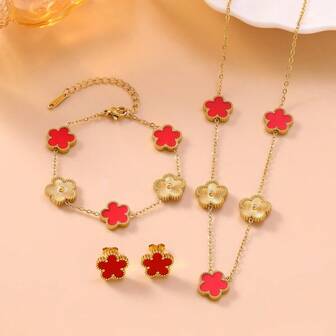 18 Karat vergoldetes Edelstahl Schmuckset, entworfen für Frauen, hochwertige Kleeblatt-Emaille Halskette, Armband und Ohrringe, geeignet für den täglichen Gebrauch von Frauen, Partys, Geburtstagsgeschenke