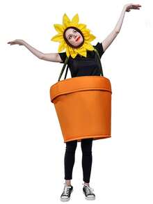 1pc Sunflower Jumpsuit, Cute Vase Costume For Carnival, Halloween, Polyester Knit Composite Sponge Material, Adult One Size, Stage Performance Outfit - Multicolor - View 3