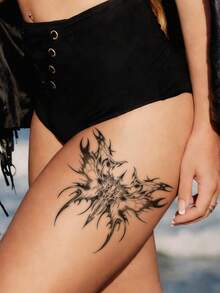 1张防水、防汗、可水洗的暗黑哥特式荆棘翅膀纹身贴纸，个性化机械风格3D线条腿部纹身贴纸 - 黑色 - 查看 3