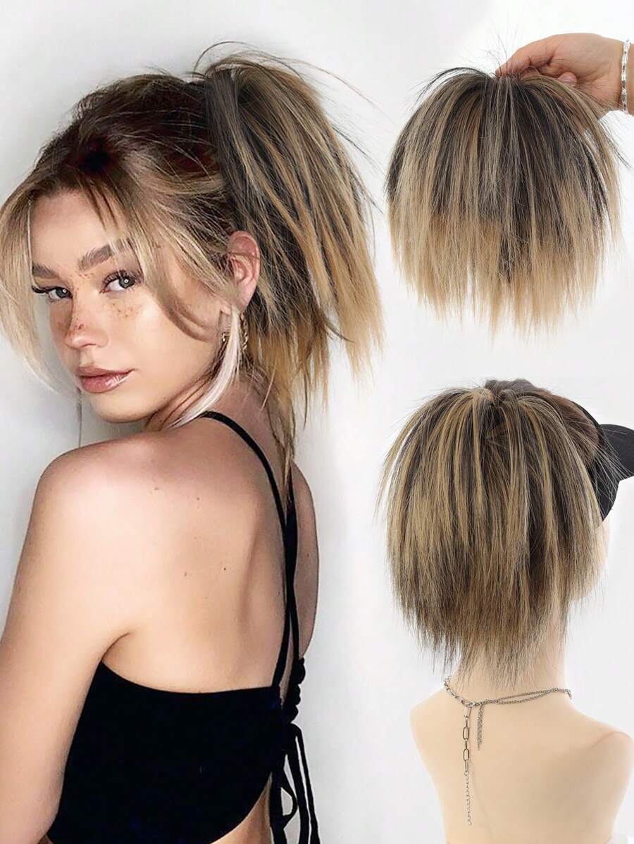 1pc Fluffy Straight Hair Bun Extension With Elastic Band, Available In Black, Brown, Golden, Soft & Voluminous, Suitable For Daily Wear - Multicolor - View 1