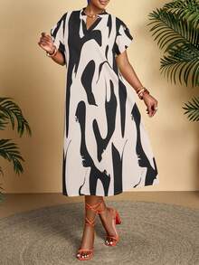 AIJ Đầm in hoa thanh lịch dành cho nữ, họa tiết hoa ngẫu nhiên. - Đen và trắng - Xem 5